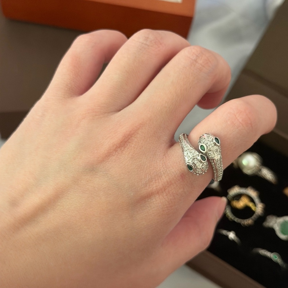 Silver Snake Head Wrap Ring with Green Stones